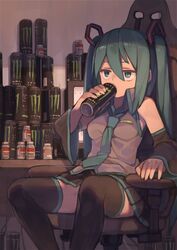  aqua_eyes aqua_hair aqua_necktie bare_shoulders black_skirt black_thighhighs breasts can chair collared_shirt commentary detached_sleeves drinking energy_drink female hair_between_eyes hatsune_miku holding holding_can jitome long_hair medium_breasts monster_energy necktie shirt sitting skirt sleeveless sleeveless_shirt solo thighhighs tomioka_jirou twintails vocaloid 