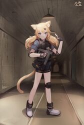  absurdres animal_ears black_gloves blonde_hair blue_eyes body_armor bodysuit cat_ears cat_tail commission female fingerless_gloves girls&#039;_frontline gloves gun hair_ornament hairclip hallway highres idw_(girls&#039;_frontline) idw_(mod3)_(girls&#039;_frontline) index_finger_raised indoors knee_pads lamp long_hair looking_at_viewer parker-hale_idw seorang shoes short_sleeves shorts solo tail twintails weapon white_footwear 