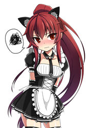  alternate_costume animal_ears arms_behind_back black_neckwear black_thighhighs blush bustier cat_ears collarbone commentary_request cowboy_shot detached_collar elesis_(elsword) elsword embarrassed enmaided female frown highres long_hair looking_at_viewer maid nose_blush ponytail puffy_short_sleeves puffy_sleeves red_eyes red_hair short_sleeves sidelocks simple_background solo speech_bubble spoken_squiggle squiggle thighhighs very_long_hair wavy_mouth white_background zetsuei_(zetto) zettai_ryouiki 