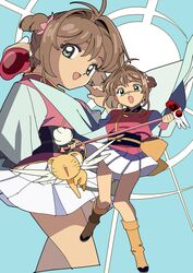  1boy absurdres brown_hair cardcaptor_sakura clamp_(circle)_(style) cosplay edoya_inuhachi female fuuin_no_tsue green_eyes highres kero_(cardcaptor_sakura) kinomoto_sakura lolicon magical_girl mahou_shoujo_pretty_sammy multiple_views official_style open_mouth pretty_sammy_(character) pretty_sammy_(character)_(cosplay) skirt staff tenchi_muyou! white_skirt wings yellow_footwear 