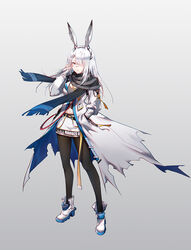  alternate_costume alternate_universe animal_ears arknights asymmetrical_bangs black_pantyhose blue_scarf boots breasts cleavage coat commentary female frostnova_(arknights) full_body grey_background grey_eyes grey_shirt hair_between_eyes hair_ornament hair_over_one_eye hairclip hand_in_pocket lanyard long_hair long_sleeves looking_at_viewer medium_breasts midriff miniskirt name_tag navel open_clothes open_coat pantyhose parted_bangs parted_lips rabbit_ears scar scar_on_face scarf shirt simple_background skirt solo standing torn_clothes torn_coat white_coat white_footwear white_hair white_skirt xion32 