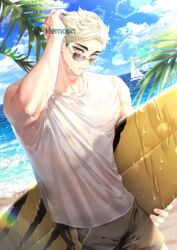  1boy arm_up bad_id bad_twitter_id beach bird blonde_hair blue_sky boat brown_eyes closed_mouth cloud commentary day eyebrows haikyuu!! hand_in_own_hair hemoon holding holding_surfboard looking_at_viewer male_focus male_swimwear male_underwear miya_atsumu multicolored_hair ocean outdoors palm_tree sailboat sand seagull see-through shirt short_hair sky solo summer sunglasses surf surfboard swim_trunks symbol-only_commentary toned toned_male tree twitter_username two-tone_hair underwear water watercraft wet wet_clothes wet_shirt white_shirt 