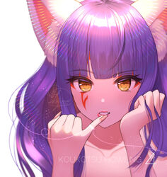  animal_ear_fluff animal_ears artist_name bangs collarbone daji_(monster_strike) eyebrows_visible_through_hair facial_mark female hands_up kohanayuki light_blush lips long_hair looking_at_viewer monster_strike nail_polish pink_lips pink_nails pinky_out purple_hair signature simple_background solo string_around_finger white_background yellow_eyes 