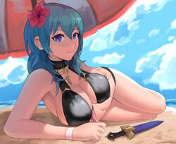  beach beach_umbrella blue_sky byleth_(female)_(fire_emblem) byleth_(fire_emblem) closed_mouth cloud commentary dagger day english_commentary female fire_emblem fire_emblem:_three_houses fire_emblem_heroes flower hair_between_eyes hair_flower hair_ornament highres knife lying on_side outdoors sheath sheathed sky solo spiffydc tassel umbrella water weapon 