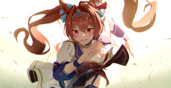  animal_ears blush breasts brown_hair choker clenched_teeth daiwa_scarlet_(umamusume) female garter_straps hair_between_eyes hair_intakes hair_ribbon highres horse_ears horse_girl horse_tail long_hair omegu red_eyes ribbon running simple_background skirt solo sparkle starting_future_(umamusume) sweat tail teeth tiara twintails umamusume upper_body 