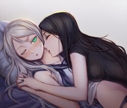  2girls abyssal_ship black_hair black_shirt blue_neckwear blue_panties blush breasts collarbone commentary_request green_eyes grey_background grey_hair kantai_collection kissing long_hair lying medium_breasts multiple_girls mylovelydevil on_back on_pillow one_eye_closed panties parted_lips ru-class_battleship shirt short_sleeves simple_background sweat ta-class_battleship underwear untied yuri 