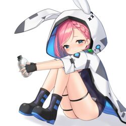  animal_ears bad_id bad_pixiv_id blue_eyes blush boots braid canteen crown_braid efreeti_(last_origin) female fingerless_gloves gloves highres hood hooded_jacket jacket kbn317 knees_up korean_commentary last_origin looking_at_viewer official_alternate_costume one-piece_swimsuit pink_hair rabbit_ears short_hair simple_background sitting solo swimsuit white_background 