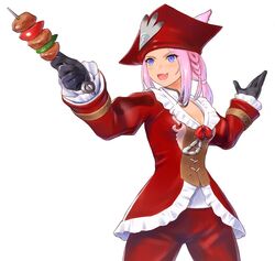  animal_ears black_gloves blue_eyes breasts cleavage cowboy_shot female final_fantasy final_fantasy_xiv food gloves jacket kebab medium_breasts miqo&#039;te oerba_yun_fang pants pink_hair red_headwear red_jacket red_pants simple_background skin_fang smile solo taisai_soft w_arms warrior_of_light_(ff14) white_background 