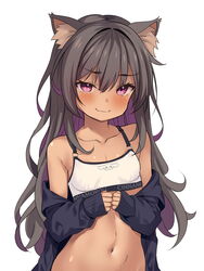  animal_ear_fluff animal_ears bare_shoulders black_jacket blush bra breasts brown_hair cat_ears cat_girl character_request closed_mouth collarbone colored_inner_hair commentary_request copyright_request dark-skinned_female dark_skin female jacket jacket_partially_removed kazumasa long_hair looking_at_viewer multicolored_hair navel out-of-frame_censoring paid_reward_available pink_eyes purple_hair simple_background small_breasts smile solo underwear upper_body white_background white_bra 