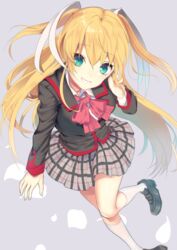  aqua_eyes black_footwear black_jacket blonde_hair bow bowtie collared_shirt commentary_request female floating_hair grey_background grey_skirt grin hair_between_eyes hair_ribbon jacket kneehighs kurotea leg_up little_busters! little_busters!_school_uniform loafers long_hair long_sleeves looking_at_viewer miniskirt pink_bow pink_bowtie plaid plaid_skirt pleated_skirt ribbon school_uniform shirt shoes skirt smile socks solo tokido_saya twintails very_long_hair white_ribbon white_shirt white_socks wing_collar 