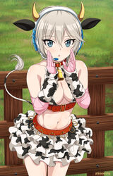  anastasia_(idolmaster) animal_ears animal_print bell belt blue_eyes breasts collar cosplay cow_ears cow_print cow_tail cowbell cowboy_shot elbow_gloves fake_animal_ears fake_horns female fence gloves grass hair_between_eyes headset highres horns idolmaster idolmaster_cinderella_girls inoshira looking_at_viewer navel oikawa_shizuku oikawa_shizuku_(cosplay) outdoors parted_lips pink_gloves red_belt short_hair skirt solo tail twitter_username wooden_fence 