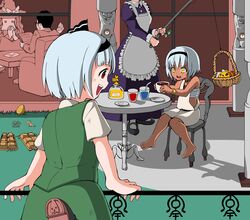  2boys 3girls ^^^ alice_margatroid apron asatsuki_(cookie) barefoot basket bee belt black_belt black_footwear black_hair black_hairband black_ribbon blouse blunt_bangs bois_de_justice bow brown_footwear bug chair circled_9 clock collared_shirt column commentary_request cookie_(touhou) cowboy_shot creature cup dies_irae dress easter_egg egg eska_(cookie) fence fishing_rod food frilled_apron frills fruit fuckin_animal full_body genpatsu_(cookie) grass green_skirt green_vest hair_between_eyes hair_ribbon hairband hat hat_bow hazuna_rio head_out_of_frame highres hinase_(cookie) holding holding_cup holding_fishing_rod holding_paper honey izayoi_sakuya jacket jyu_(cookie) kirisame_marisa konpaku_youmu leg_up long_hair looking_at_another maid manatsu_no_yo_no_inmu middle_finger miura_meat multiple_boys multiple_girls nazrin nyon_(cookie) open_mouth outdoors own_hands_together paper pillar plate purple_dress red_eyes ribbon sarashi shinza_bansho_series shirt shoes short_hair sitting skirt sleeveless sleeveless_dress snail table teacup teeth touhou tsuno_(nicoseiga11206720) upper_teeth_only very_short_hair vest white_apron white_dress white_hair white_shirt witch_hat 