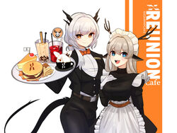  2girls :d alina_(arknights) alternate_costume animal_ears antlers arknights black_jacket black_pants black_vest blue_eyes breasts bubble_tea burger butler cake cake_slice cameo collared_shirt cowboy_shot cup deer_antlers deer_ears deer_girl dragon_girl dragon_horns dragon_tail drinking_straw enmaided food french_fries frostnova_(arknights) gloves grey_hair hair_between_eyes hand_on_own_chest hand_up highres holding holding_tray horns jacket long_hair looking_at_viewer maid medium_breasts mug multiple_girls name_tag open_clothes open_jacket open_mouth pants patriot_(arknights) reunion_logo_(arknights) shirt sidelocks smile supershrimpcakes tail talulah_(arknights) teeth tray twitter_username upper_teeth_only vest white_background white_gloves white_shirt yellow_eyes 