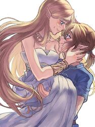  1boy bare_shoulders blonde_hair blue_eyes blue_shirt blush bracelet breasts champion&#039;s_tunic_(zelda) cleavage closed_mouth commentary couple dress earrings eye_contact face-to-face female from_side hair_between_eyes hair_ornament holding_person izumi_(2476264) jewelry link long_dress long_hair looking_at_another necklace off-shoulder_dress off_shoulder parted_lips pointy_ears princess_zelda shirt short_ponytail short_sleeves simple_background sleeveless sleeveless_dress smile straight tears the_legend_of_zelda the_legend_of_zelda:_breath_of_the_wild thick_eyebrows upper_body white_background white_dress 