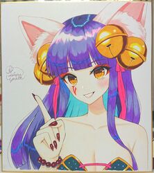  animal_ear_fluff animal_ears artist_name bangs bare_shoulders bead_bracelet beads bell blue_hair bracelet breasts cleavage clenched_teeth collarbone colored_inner_hair daji_(monster_strike) eyeshadow facial_mark female hair_bell hair_ornament hair_ribbon hand_up highres index_finger_raised jewelry kohanayuki long_hair looking_at_viewer makeup medium_breasts monster_strike multicolored_hair nail_polish pink_ribbon purple_hair red_nails ribbon sidelocks signature smile solo strapless teeth traditional_media two-tone_hair upper_body yellow_eyes 