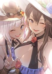  2girls animal_ears bare_shoulders bikini bikini_top_only blue_eyes blush breasts brown_hair chloe_(granblue_fantasy) cleavage collarbone dark-skinned_female dark_skin ears_through_headwear erune flower granblue_fantasy hair_between_eyes hair_flower hair_ornament hat highres kakage large_breasts long_hair looking_at_viewer multicolored_hair multiple_girls official_alternate_costume one_eye_closed open_mouth purple_eyes purple_hair rose rosetta_(granblue_fantasy) rosetta_(summer)_(granblue_fantasy) short_hair smile sun_hat swimsuit tan two-tone_hair white_bikini white_hair 