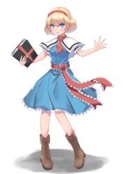  :o absurdres alice_margatroid ascot blonde_hair blue_dress blue_eyes book book_strap boots brown_footwear capelet commentary_request cross-laced_footwear dress female frilled_ascot frilled_capelet frilled_dress frilled_sash frills full_body grimoire grimoire_of_alice hairband high_meron highres holding holding_book looking_at_viewer open_mouth red_ascot red_hairband red_sash sash short_hair short_sleeves simple_background solo standing touhou white_background white_capelet 