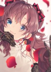  :3 ahoge black_gloves blue_eyes bow brown_hair earrings elbow_gloves female gloves hair_between_eyes hair_intakes hairbow ichinose_shiki idolmaster idolmaster_cinderella_girls jewelry kurotea long_hair looking_at_viewer petals print_gloves red_bow solo upper_body 