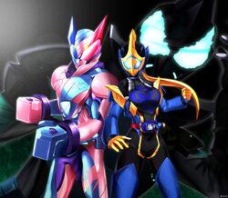  2boys absurdres aqua_eyes armor blue_armor blue_eyes blue_footwear blue_gloves bodysuit boots boxing_gloves breasts brother_and_sister clenched_hand cobra_(animal) cobra_genome driver_(kamen_rider) female gloves glowing glowing_eyes heterochromia highres kamen_rider kamen_rider_evil kamen_rider_jeanne kamen_rider_revi kamen_rider_revice kangaroo kangaroo_genome libera_driver medium_breasts multiple_boys pink_armor pink_gloves ponytail red_eyes reiei_8 siblings thigh_boots thighhighs tokusatsu yellow_gloves 