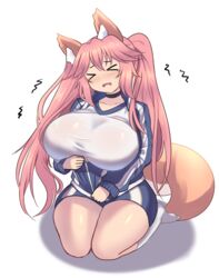  &gt;_&lt; absurdres alternate_breast_size animal_ear_fluff animal_ears black_choker blue_jacket breasts choker closed_eyes collarbone curvy english_commentary fate/extra fate_(series) female fox_ears fox_girl fox_tail highres huge_breasts inconvenient_breasts jacket jifuwabe long_hair long_sleeves oerba_yun_fang open_mouth pink_hair seiza shirt sitting skin_fang socks solo sportswear tail tamamo_(fate) tamamo_no_mae_(fate/extra) tearing_up thick_thighs thighs track_jacket twintails wavy_mouth white_background white_shirt white_socks 