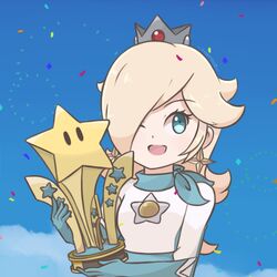  alternate_costume biker_clothes biker_rosalina blonde_hair blue_eyes chocomiru confetti crown female fireworks hair_over_one_eye looking_at_viewer mario_(series) mario_kart mario_kart_8 official_alternate_costume open_mouth rosalina smile solo tiara trophy upper_body 