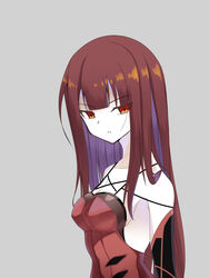  armpits breasts cleavage collarbone commentary_request crimson_avenger_(elsword) elbow_gloves elesis_(elsword) elsword eyes_visible_through_hair female gloves grey_background highres open_mouth red_eyes red_hair zetsuei_(zetto) 