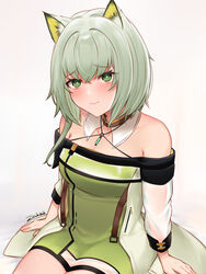  animal_ear_fluff animal_ears arknights artist_name bare_shoulders blush cat_ears commentary criss-cross_halter dress female green_dress green_eyes green_hair halterneck highres kal&#039;tsit_(arknights) long_sleeves looking_at_viewer off_shoulder short_hair signature sitting smile solo zinkaa 