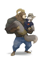  anthro avoid_posting blue_nose bovid canid canine canis caprine cliff_(grizzlygus) clothed clothing digital_media_(artwork) female fox fur furrybob goat grey_body grey_fur group hair hi_res horn luna_(grizzlygus) male male/female mammal muscular simple_background white_background 