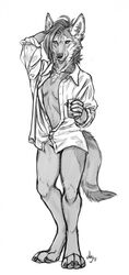  4_toes anthro barefoot beverage biped breasts canid canine canis claws clothed clothing coyote deyvarah digital_media_(artwork) digitigrade feet female fur glass hi_res looking_at_viewer mammal monochrome open_clothing open_shirt open_topwear pawpads paws sahara_(nicnak044) shirt solo standing toes topwear 