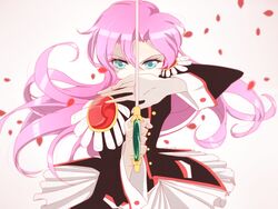  black_jacket blue_eyes commentary female harakiy highres holding holding_sword holding_weapon jacket long_hair long_sleeves looking_at_viewer ootori_gakuen_school_uniform petals pink_hair rapier rose_petals school_uniform shoujo_kakumei_utena solo sword sword_of_dios tenjou_utena upper_body weapon white_background 