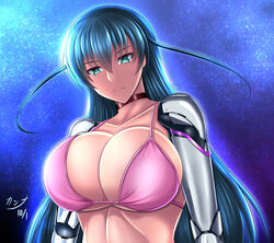  aqua_eyes bikini blue_hair breasts choker cleavage collarbone dated female frown hair_between_eyes highres igawa_asagi kanna_(minamozuki) large_breasts long_hair looking_down mechanical_arms night night_sky pink_bikini red_choker signature sky solo swimsuit taimanin_(series) underboob upper_body 