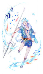  1boy absurdres amulet artist_name blue_eyes blue_hair blue_jacket blue_shorts character_request commentary_request damselfish dated drawstring earrings fish flower flower_bracelet full_body gladiator_sandals highres holding holding_trident holding_weapon hood hood_down hooded_jacket jacket jewelry looking_at_viewer male_focus moorish_idol neck_ring open_clothes open_jacket open_mouth pointy_ears polearm sandals short_hair short_sleeves shorts solo teeth trident tropical_fish ushi_424 water_drop weapon white_background white_flower yume_shokuin_to_wasureji_no_kuroi_yousei 