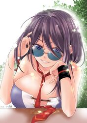  adjusting_eyewear ariake_(kancolle) ariake_(swimsuit)_(kancolle) between_breasts bikini black_wristband blue_eyes breasts cleavage collarbone dated female hand_on_own_cheek hand_on_own_face kantai_collection large_breasts long_hair looking_at_viewer matsuura@parao necktie necktie_between_breasts purple_bikini purple_hair red_necktie solo sunglasses swimsuit 