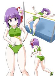  alternate_costume buruma commentary_request female flower green_sports_bra hair_flower hair_ornament hair_ribbon hieda_no_akyuu high_jump jumping kousei_(public_planet) multiple_views navel pole purple_eyes purple_hair relay_baton ribbon running simple_background sports_bikini sports_bra sportswear touhou white_background 