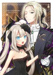  1boy :d black_dress black_flower black_gloves black_jacket black_ribbon blonde_hair blue_eyes breasts character_name choker cleavage commentary_request dress fate/grand_order fate_(series) female flower gloves green_eyes grey_hair hair_flower hair_ornament hair_ribbon jacket jewelry long_hair marie_antoinette_(fate) marie_antoinette_(formal_dress)_(fate) medium_breasts nakamura_hinato necklace official_alternate_costume one_eye_closed open_clothes open_jacket open_mouth ponytail ribbon smile strapless strapless_dress twintails upper_body very_long_hair white_gloves wolfgang_amadeus_mozart_(fate) wolfgang_amadeus_mozart_(formal_dress)_(fate) 