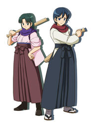  2girls baseball_bat blue_eyes blue_hair blue_hakama boots commentary_request green_eyes green_hair hair_ornament hairclip hakama hakama_skirt hand_on_own_hip japanese_clothes kimono lielos long_hair meiji_schoolgirl_uniform multiple_girls purple_hakama sandals short_hair skirt smile taishou_yakyuu_musume tsukubae_shizuka tsukubae_tomoe 