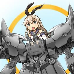  bare_shoulders blonde_hair commentary_request elbow_gloves female gloves gundam gundam_unicorn kantai_collection komase_(jkp423) long_hair lowres neo_zeong rensouhou-chan shimakaze_(kancolle) 