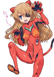  :d animal_ears armpits ass_visible_through_thighs blue_eyes bodysuit bracer breasts brown_hair cat_ears cat_tail clenched_hands commentary_request cowboy_shot evangelion:_3.0_you_can_(not)_redo eyepatch fake_animal_ears fake_tail female furrowed_brow gloves hair_between_eyes hands_up headgear hirose_(mokiki) leaning_to_the_side leg_lift leg_up legs_apart light_brown_hair long_hair looking_at_viewer neon_genesis_evangelion oerba_yun_fang open_mouth parted_bangs paw_pose pilot_suit plugsuit rebuild_of_evangelion red_bodysuit skinny small_breasts smile solo souryuu_asuka_langley standing standing_on_one_leg tail tape teeth tongue translated turtleneck two_side_up upper_teeth_only v-shaped_eyebrows 