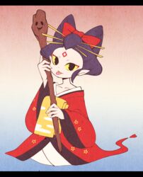  black_eyes collarbone colored_sclera commentary_request egasumi female japanese_clothes kiitos12 kimono letterboxed nihongami oiran_(youkai_watch) pointy_ears purple_eyes solo staff tongue tongue_out traditional_youkai yellow_sclera youkai_(youkai_watch) youkai_watch 