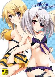  2girls back-to-back bad_id bad_pixiv_id bikini bikini_skirt blonde_hair charlotte_dunois commentary_request eyepatch grey_hair infinite_stratos laura_bodewig long_hair multiple_girls photoshop_(medium) purple_eyes red_eyes swimsuit twintails yamaki_suzu 