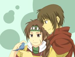  1boy ayda bird braid brown_eyes brown_hair cape cardamine female female gensou_suikoden gensou_suikoden_ii headband kinnison long_hair male scar short_hair single_braid suikoden suikoden_ii 