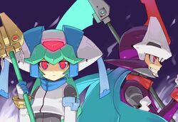  1boy blue_hair brother_and_sister catanagi female green_hair grin helmet mega_man_(series) mega_man_zx model_w_(mega_man) pandora_(mega_man) polearm prometheus_(mega_man) red_eyes siblings skull-shaped_hat smile source_request weapon 