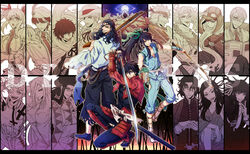  4girls abe_no_seimei_(drifters) anastasia_romanova_(drifters) armor bandages beard black_hair bow_(weapon) butch_cassidy commentary_request copyright_name crest drifters easy_(drifters) eyepatch facial_hair family_crest glasses grey_eyes hannibal_barca_(drifters) hat highres hijikata_toshizou_(drifters) japanese_armor jeanne_d&#039;arc_(drifters) kanno_naoshi_(drifters) kote kusazuri long_hair looking_at_viewer maru_ni_juumonji_(crest) monochrome multiple_boys multiple_girls murasaki_(drifters) nasu_no_yoichi_(drifters) oda_nobunaga_(drifters) olmine ponytail rasputin_(drifters) saint-germi shimazu_toyohisa_(drifters) short_hair smile sundance_kid suneate sword the_black_king twintails waraji weapon yukihime_(mofumofu2225) 