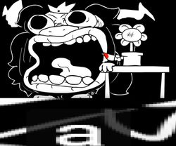  asgore_dreemurr better_version_at_source blood bodily_fluids crown fatz_geronimo flower flower_pot flowey_the_flower furniture headgear horn knife low_res monochrome plant screaming sr_pelo table undertale undertale_(series) yelling 