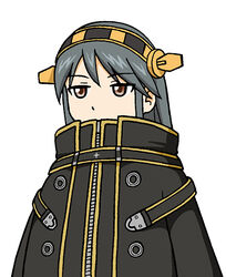  alternate_costume aoki_hagane_no_arpeggio brown_eyes coat commentary_request cosplay covered_mouth female grey_hair haruna_(aoki_hagane_no_arpeggio) haruna_(aoki_hagane_no_arpeggio)_(cosplay) haruna_(kancolle) headband hoshino_banchou kantai_collection long_hair looking_at_viewer name_connection photoshop_(medium) simple_background solo white_background 