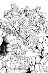  6+boys absurdres armor greyscale highres hokuto_no_ken juza male_focus manly monochrome multiple_boys muscular pauldrons raoh_(hokuto_no_ken) rei_(hokuto_no_ken) ryuga_(hokuto_no_ken) shin_(hokuto_no_ken) shoulder_armor shu_(hokuto_no_ken) shuralvbu souther toki_(hokuto_no_ken) 