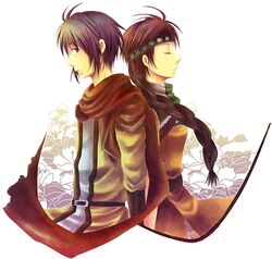  1boy ayda belt black_hair braid brown_eyes brown_hair cape closed_eyes female female gensou_suikoden gensou_suikoden_ii headband kinnison long_hair male ranna-p short_hair single_braid suikoden suikoden_ii 