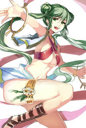  bow bracelet breasts cleavage commentary_request female fire_emblem fire_emblem:_genealogy_of_the_holy_war green_eyes green_hair hairbow jewelry leg_up long_hair looking_at_viewer machi_wt medium_breasts necklace open_mouth ring sideboob silvia_(fire_emblem) solo underboob 