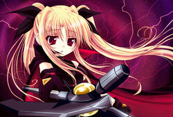  aiming aiming_at_viewer axe bardiche_(device_form)_(nanoha) bardiche_(nanoha) blonde_hair cape commentary_request fate_testarossa fate_testarossa_(original_form) female holding holding_staff long_hair lyrical_nanoha mahou_shoujo_lyrical_nanoha photoshop_(medium) red_eyes shaian solo staff twintails two-sided_cape two-sided_fabric weapon 