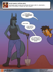  anthro anubian_jackal ask_blog black_body black_fur boots breasts canid canine canis clothing conditional_dnp dialogue dialogue_box digital_media_(artwork) dirt duo english_text female footwear fur giraffe giraffid green_eyes holding_object holding_tool horn jackal kadath male mammal nightshade_(kadath) ossicone patreon patreon_logo patrick_(kadath) shovel signature speech_bubble tail text tools tumblr url website_logo 